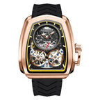 Luxury tonneau-shaped skeleton watch with rose gold case, openwork dial, and black rubber strap