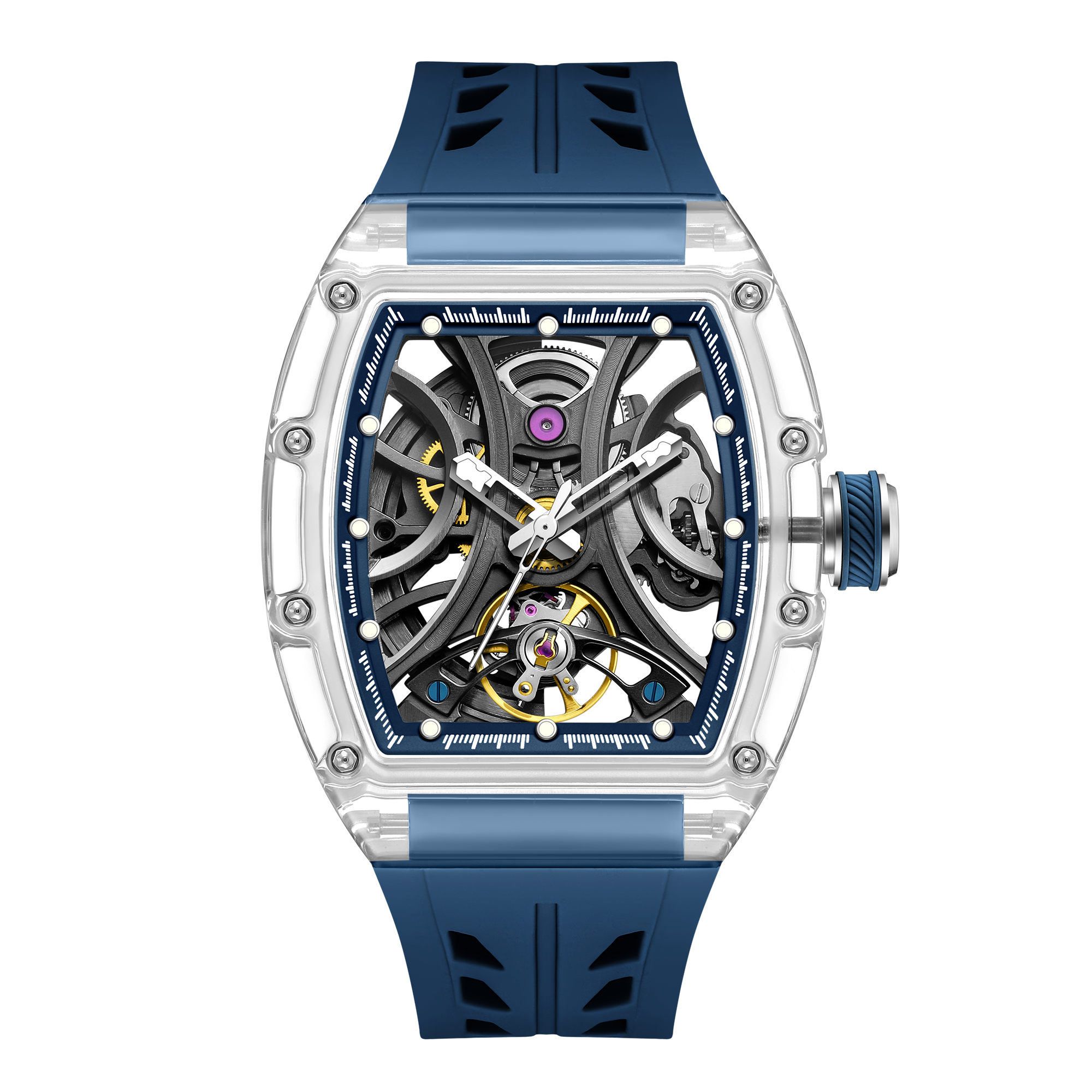 Luxury skeleton watch with transparent case, blue strap, exposed mechanical movement, motorsport-inspired design