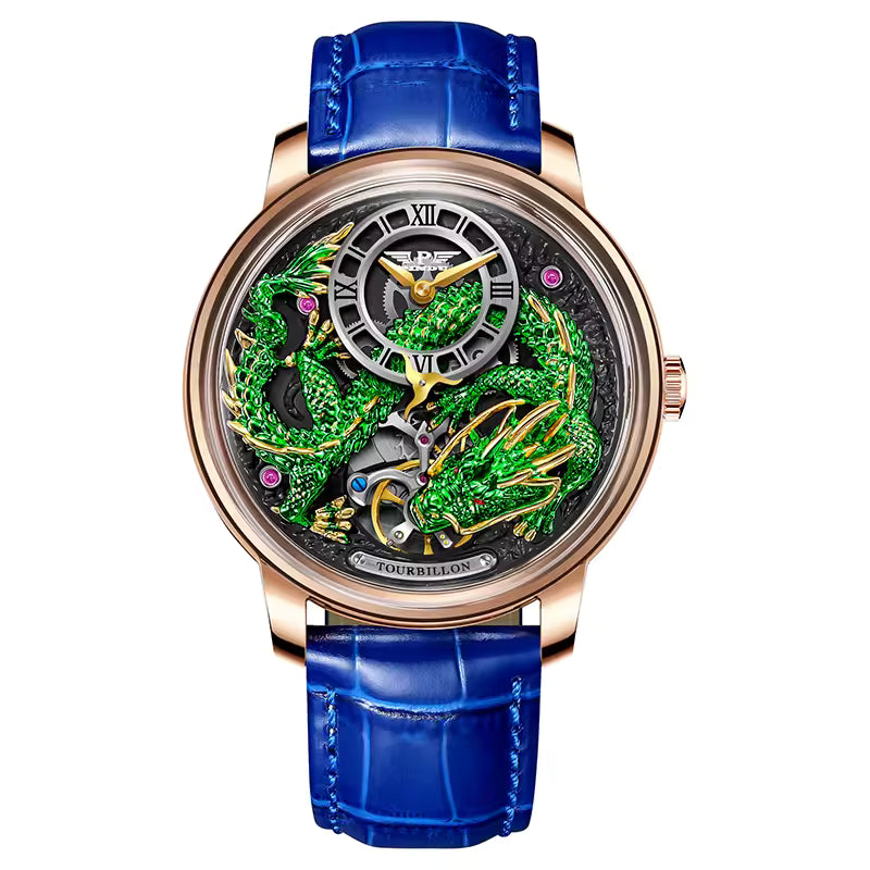 Luxury tourbillon watch with green dragon motif, gold case, and blue leather strap