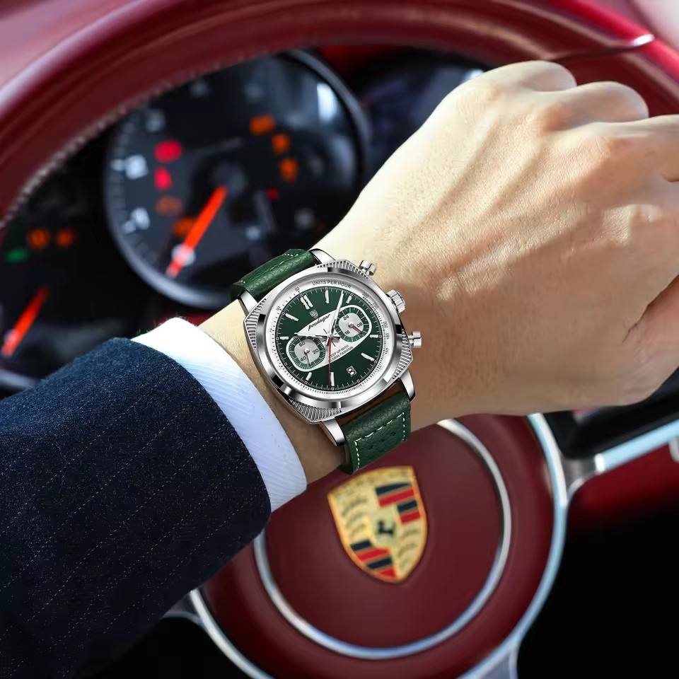 Luxury green chronograph watch on wrist, styled with Porsche steering wheel, motorsport-inspired design
