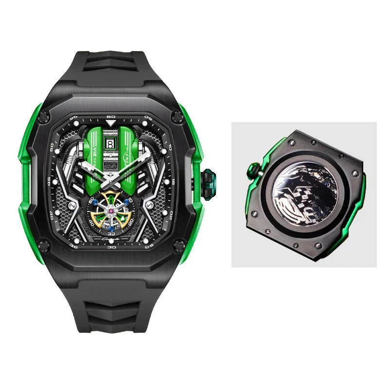 Motorsport-inspired luxury watch with bold green accents, exposed mechanics, and a sporty design