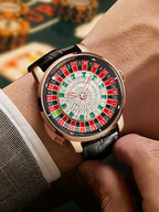 Luxury sport watch with roulette wheel dial, gold case, black leather strap, worn on wrist
