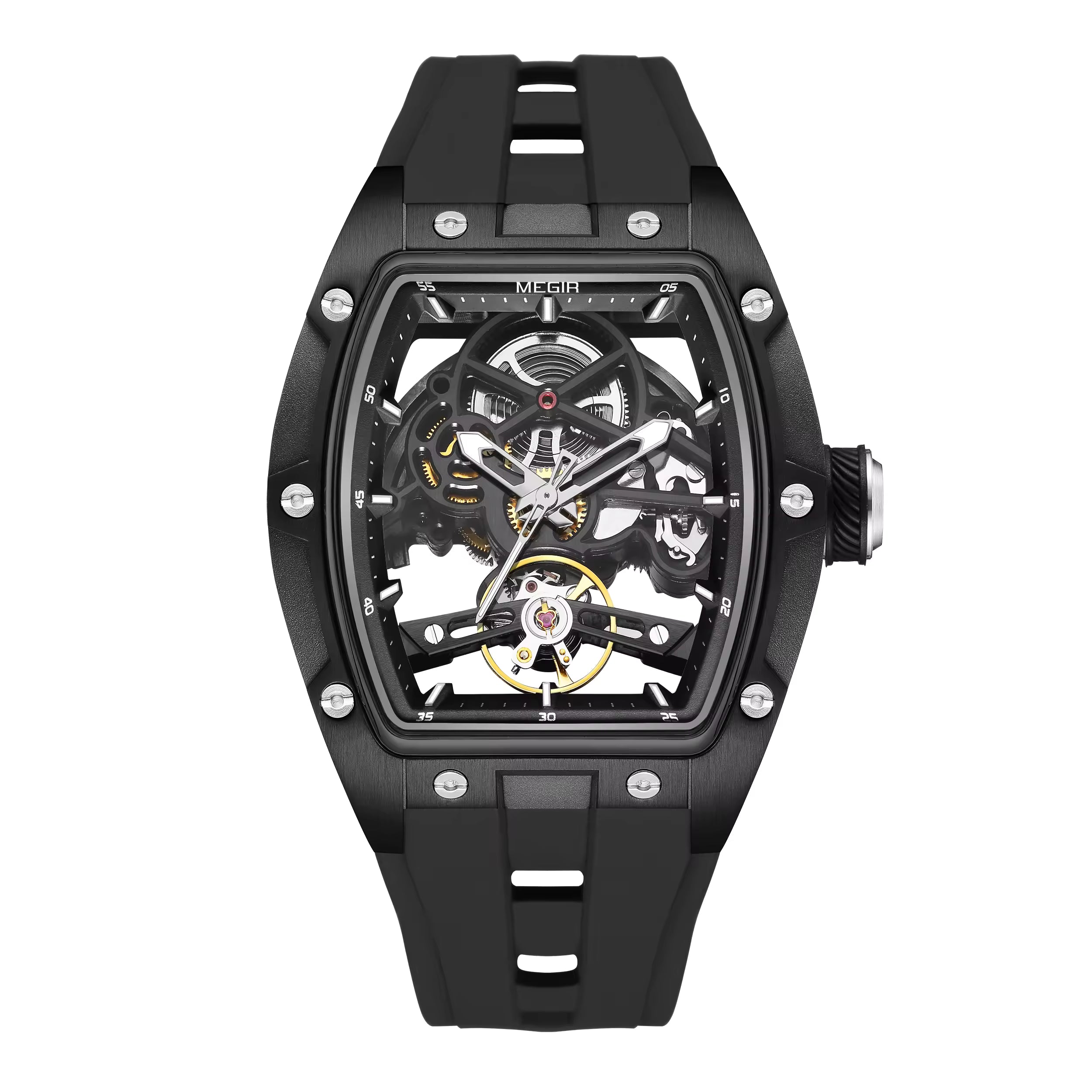 Motorsport-inspired skeleton watch with tonneau case, visible movement, and black rubber strap