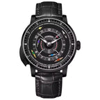 Racing-inspired luxury watch with black dial, colorful car accents, and black leather strap