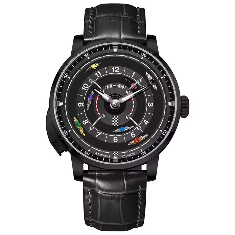 Racing-inspired luxury watch with black dial, colorful car accents, and black leather strap