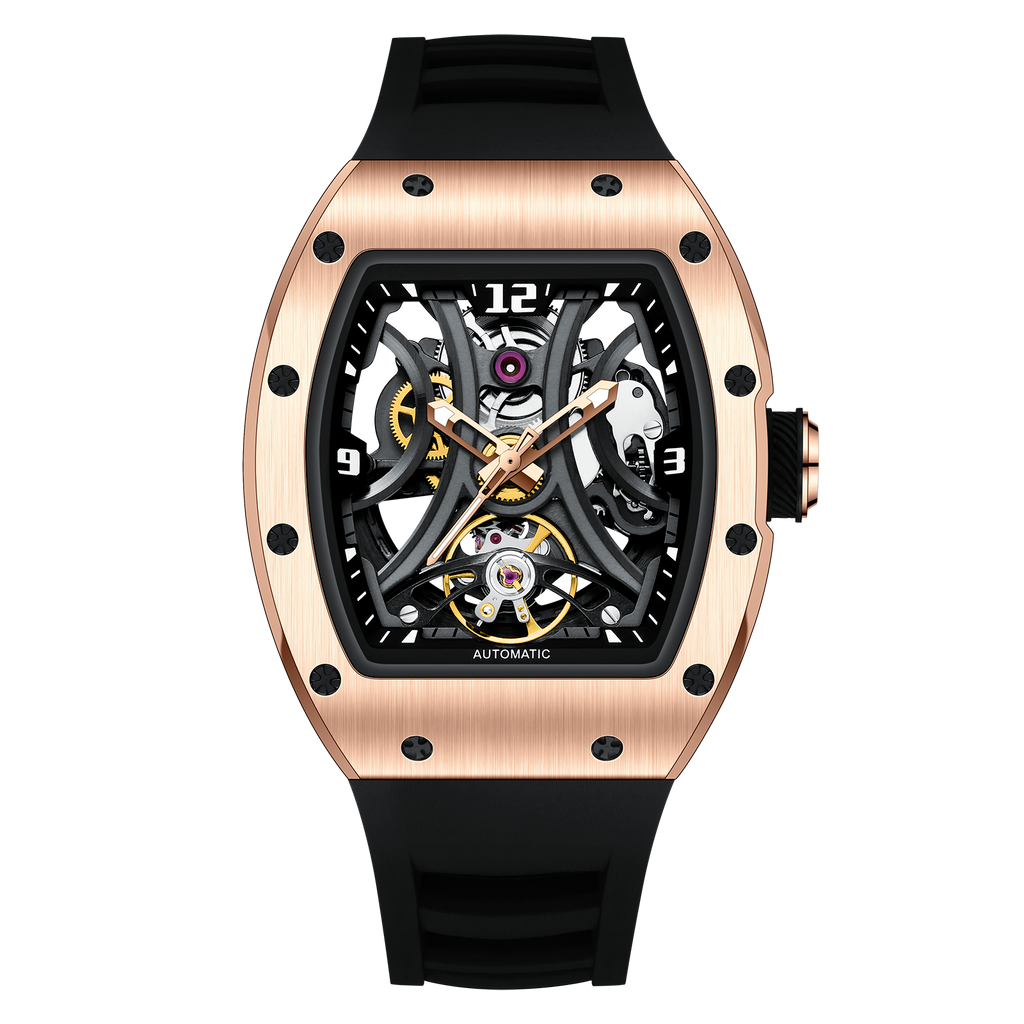 Luxury automatic skeleton watch with rose gold case, sporty black strap, motorsport-inspired design