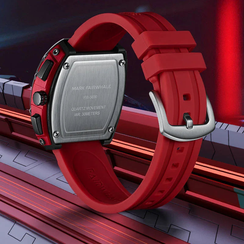 Racing-inspired sport luxury watch with red silicone strap, brushed steel back, and bold design