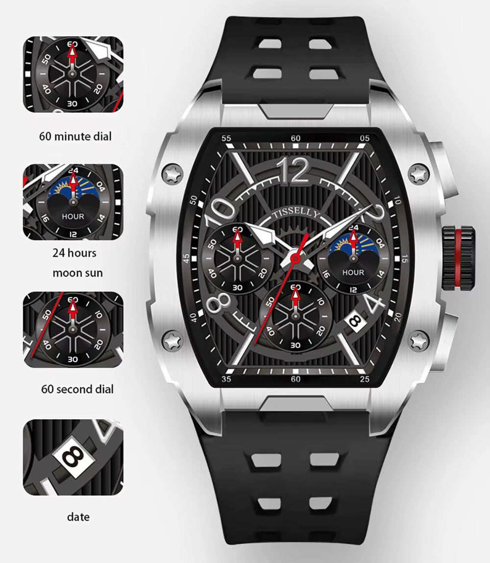 Luxury sport watch with chronograph, moon phase, date window, black strap, and bold dial.