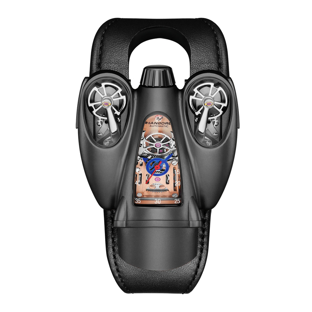 Motorsport-inspired luxury watch with dual exposed gears and bold, modern sport-luxury design.