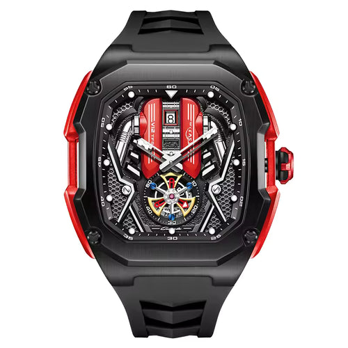 Luxury sport-inspired watch with bold black and red case, skeleton dial, and racing details