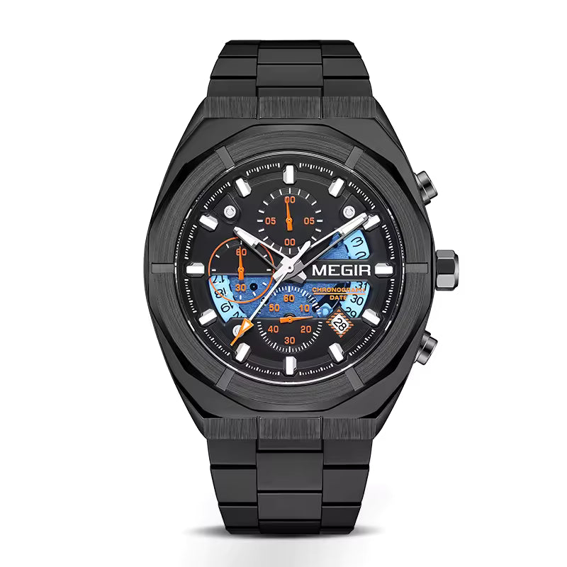Black motorsport-inspired chronograph watch with blue accents, bold dial, and steel bracelet
