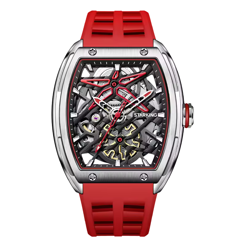Motorsport-inspired skeleton watch with red rubber strap, tonneau case, and bold mechanical dial