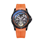 Skeleton dial automatic sport-luxury watch with orange strap and visible gears, inspired by motorsport design.