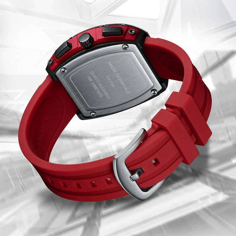 Sport-luxury watch with bold red strap, brushed steel caseback, inspired by motorsport design