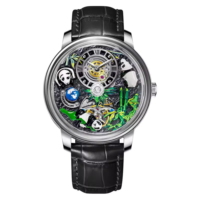 Luxury homage panda and bamboo skeleton watch with black leather strap and openwork dial