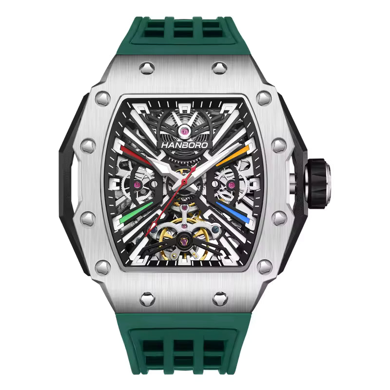 Luxury motorsport-inspired skeleton watch with brushed silver case, exposed gears, and green strap