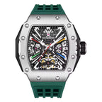 Luxury motorsport-inspired skeleton watch with brushed silver case, exposed gears, and green strap