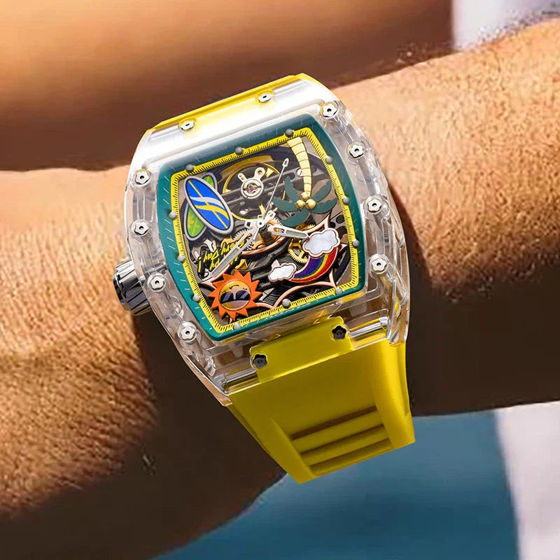 Motorsport-inspired luxury watch with clear case, yellow band, and colorful dial details on wrist