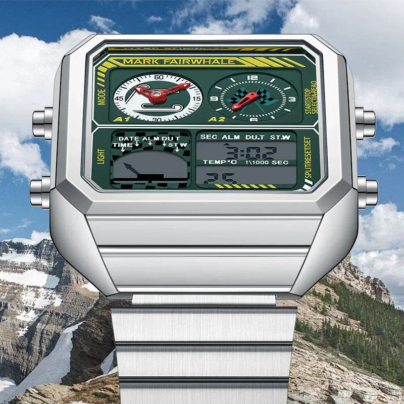 Bold motorsport-inspired digital analog watch with square steel case and green dial, mountain backdrop