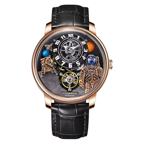 Luxury sport-inspired watch with astronaut, planets, and openwork dial, black leather strap