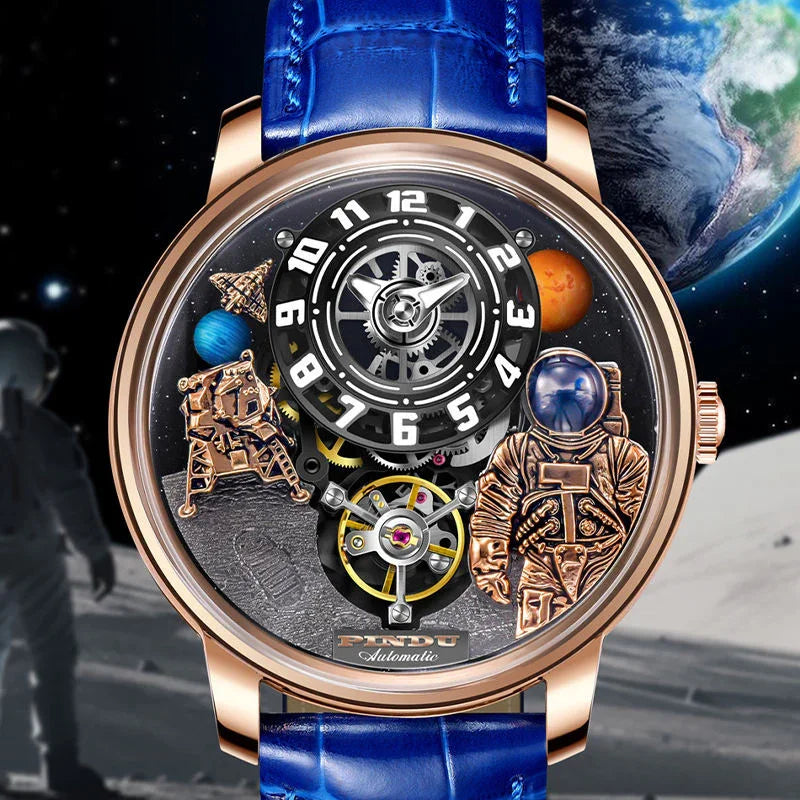 Luxury sport-luxury watch with astronaut, moon, and space mission dial, blue leather strap