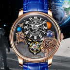 Luxury sport-luxury watch with astronaut, moon, and space mission dial, blue leather strap