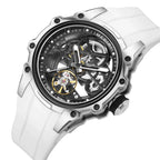 Skeleton dial racing-inspired luxury watch with white strap, exposed gears, and bold design
