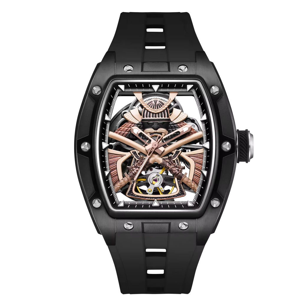 Luxury skeleton watch with tonneau black case, visible movement, and rose gold accents