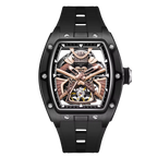 Luxury skeleton watch with tonneau black case, visible movement, and rose gold accents