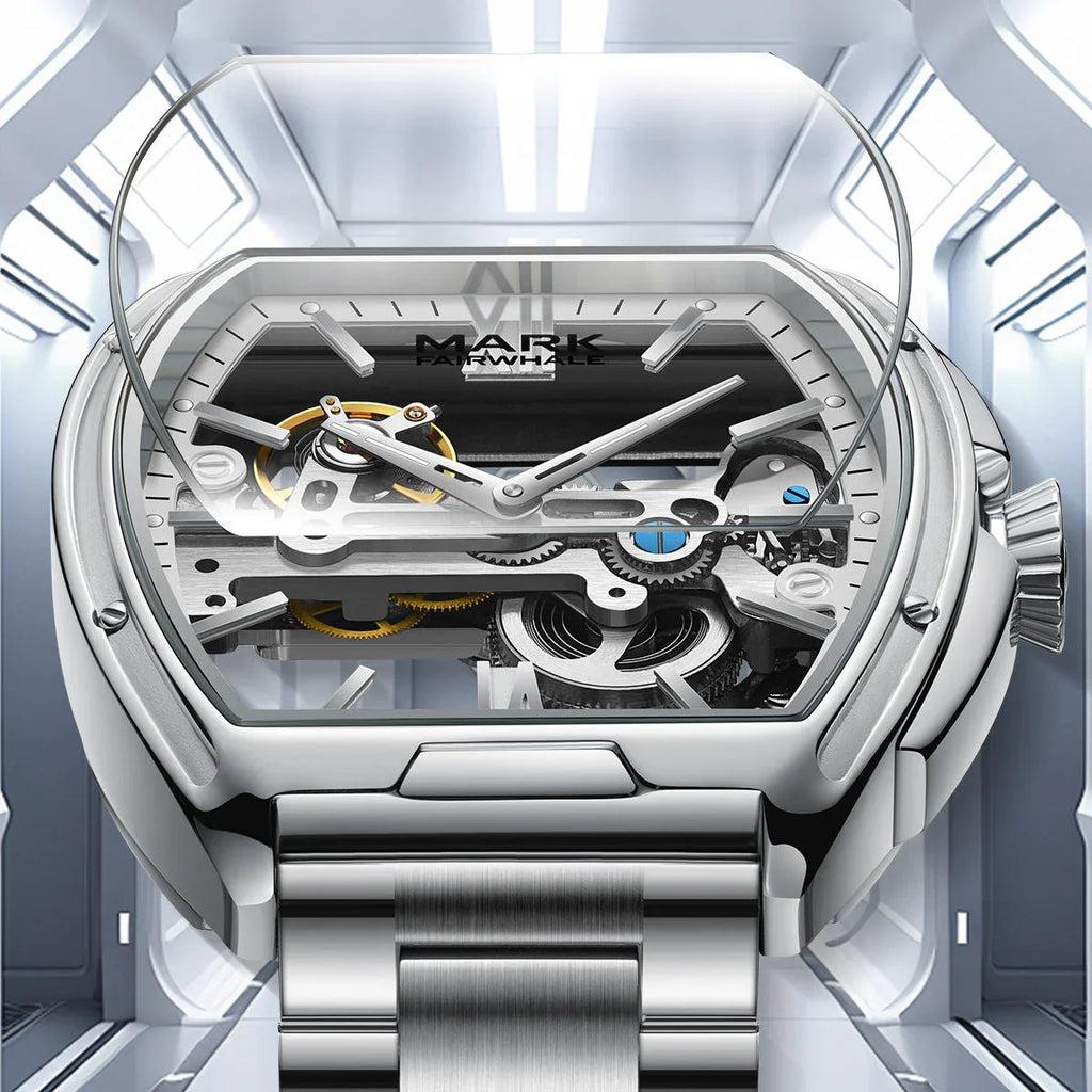 Luxury skeleton dial watch with stainless steel case and bracelet, motorsport-inspired style