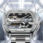 Luxury skeleton dial watch with stainless steel case and bracelet, motorsport-inspired style