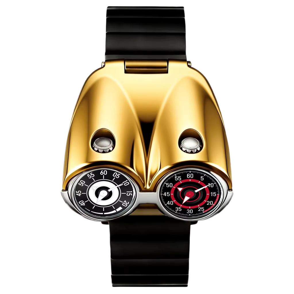 Gold racing-inspired dual-dial luxury watch with black strap and bold motorsport design.