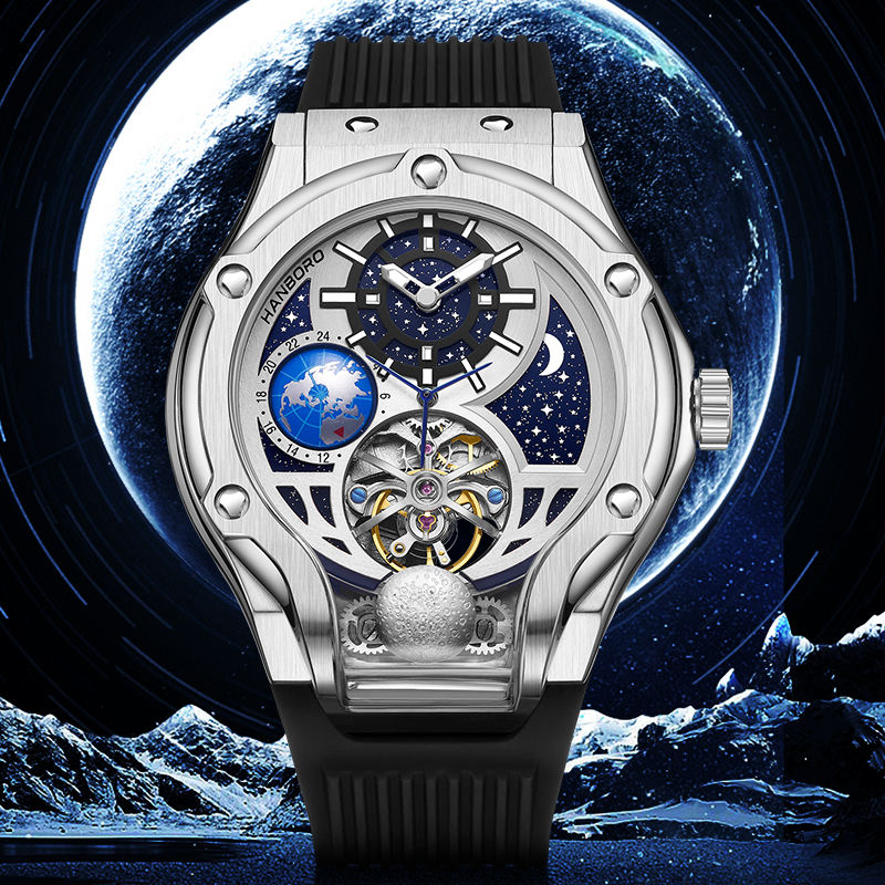 Luxury sport-luxury watch with exposed tourbillon, lunar motif, and starry night dial.