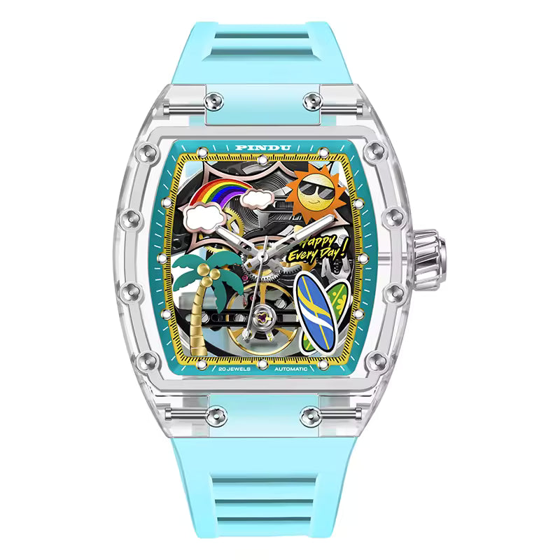 Colorful tonneau-shaped sport-luxury watch with beach motifs, blue strap, transparent case