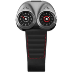 Dual-dial racing-inspired sport watch with black strap and red stitching, luxury motorsport design