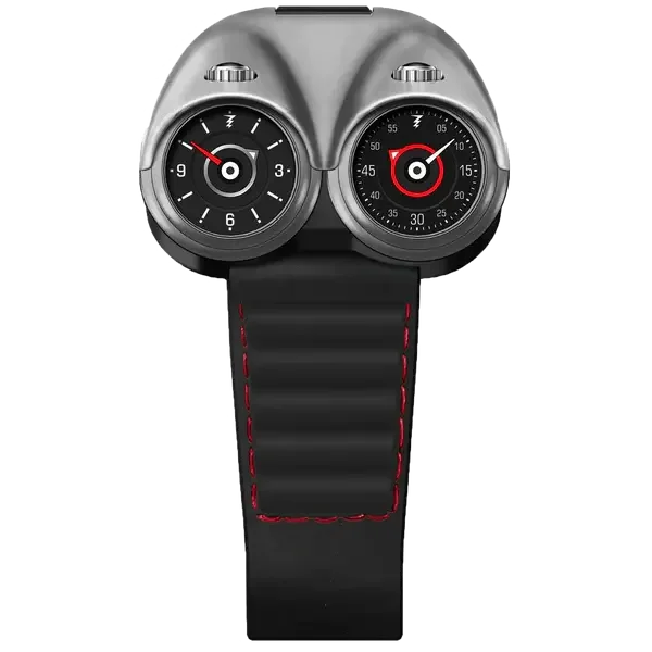 Dual-dial racing-inspired sport watch with black strap and red stitching, luxury motorsport design