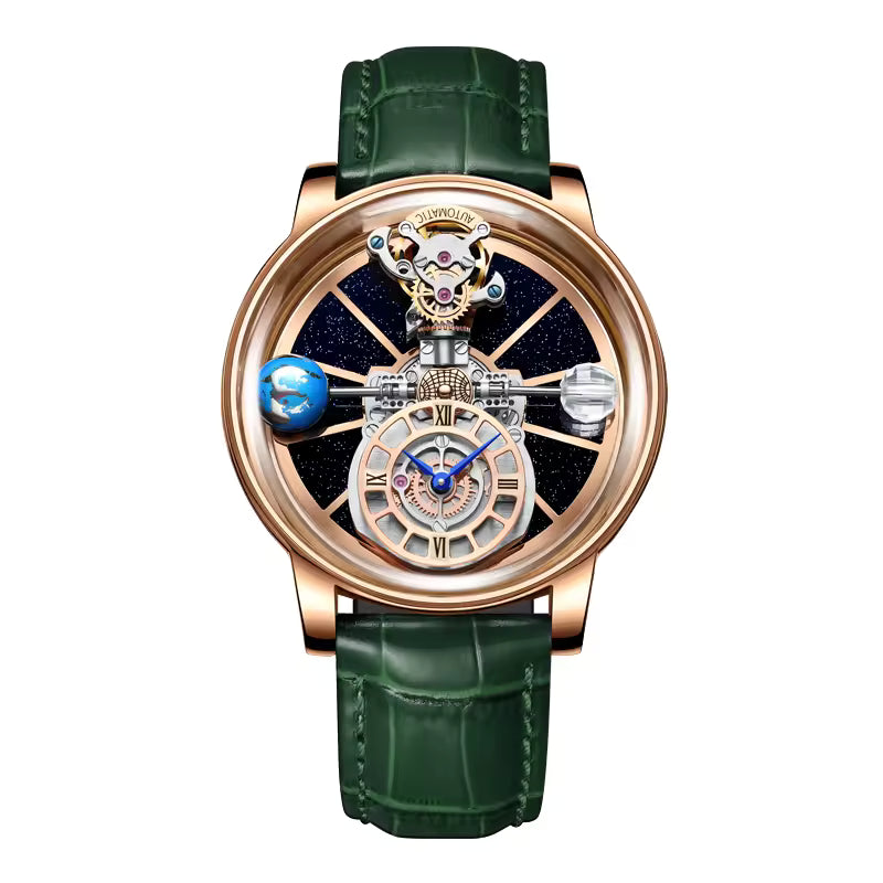 Luxury motorsport-inspired skeleton watch with green leather strap and planet-themed dial