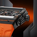 Luxury racing-inspired watch with orange strap, carbon fiber case, and bold skeleton dial