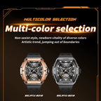 Luxury motorsport-inspired men's watches in rose gold and black designs with visible skeleton dials.