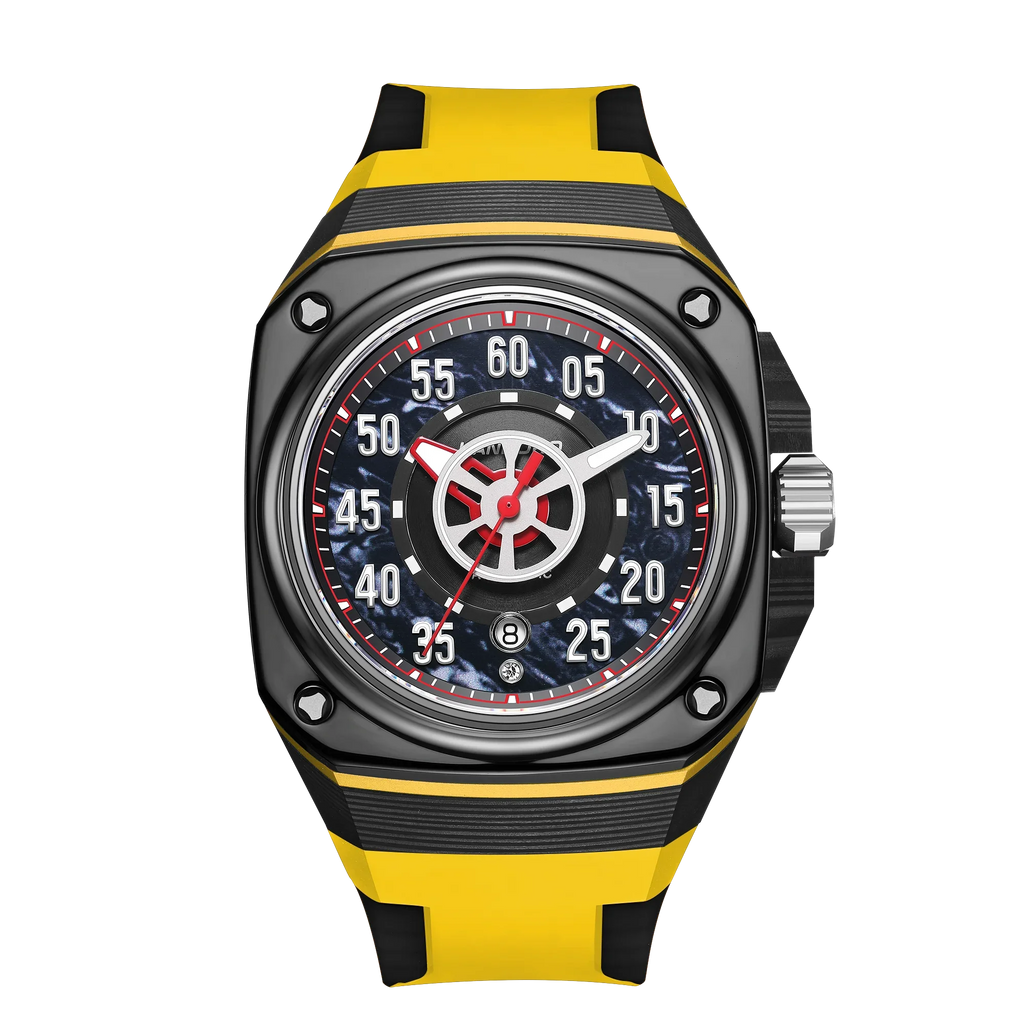 Racing-inspired luxury watch with a bold black and yellow strap, sport dial, and modern design