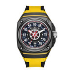 Racing-inspired luxury watch with a bold black and yellow strap, sport dial, and modern design