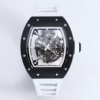 Skeleton dial racing-inspired sport-luxury watch with black case and white strap