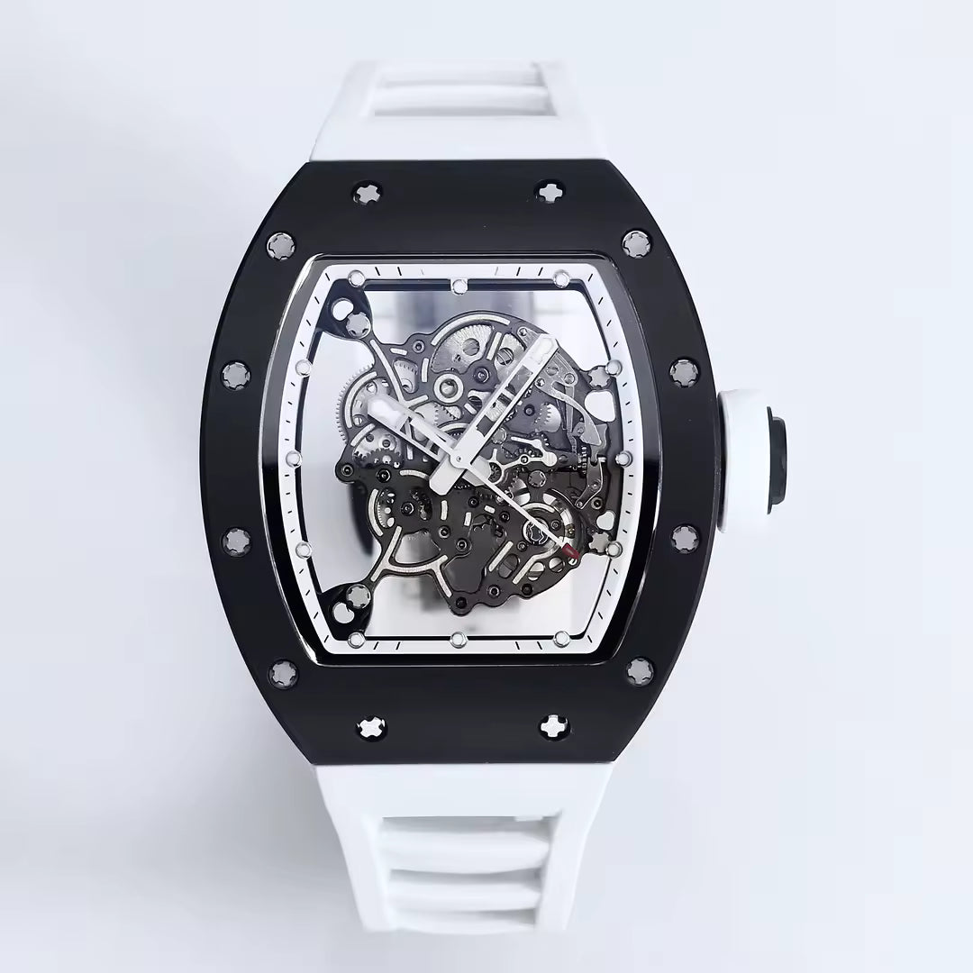 Skeleton dial racing-inspired sport-luxury watch with black case and white strap