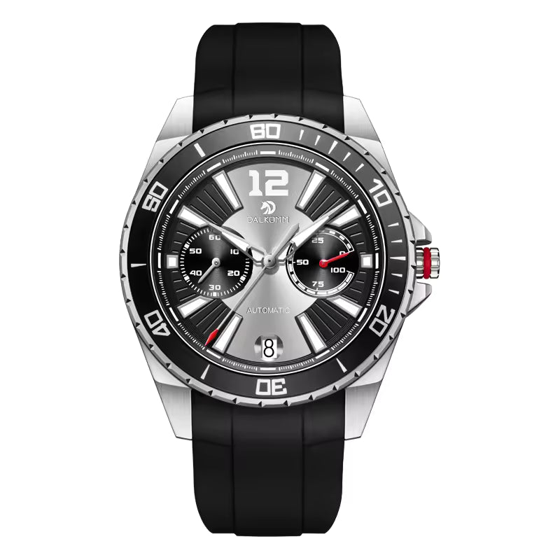 Racing-inspired sport-luxury watch with silver chronograph dial, black bezel, and rubber strap