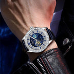 Luxury sport-inspired watch with starry blue dial, diamond bezel, and bold design on wrist