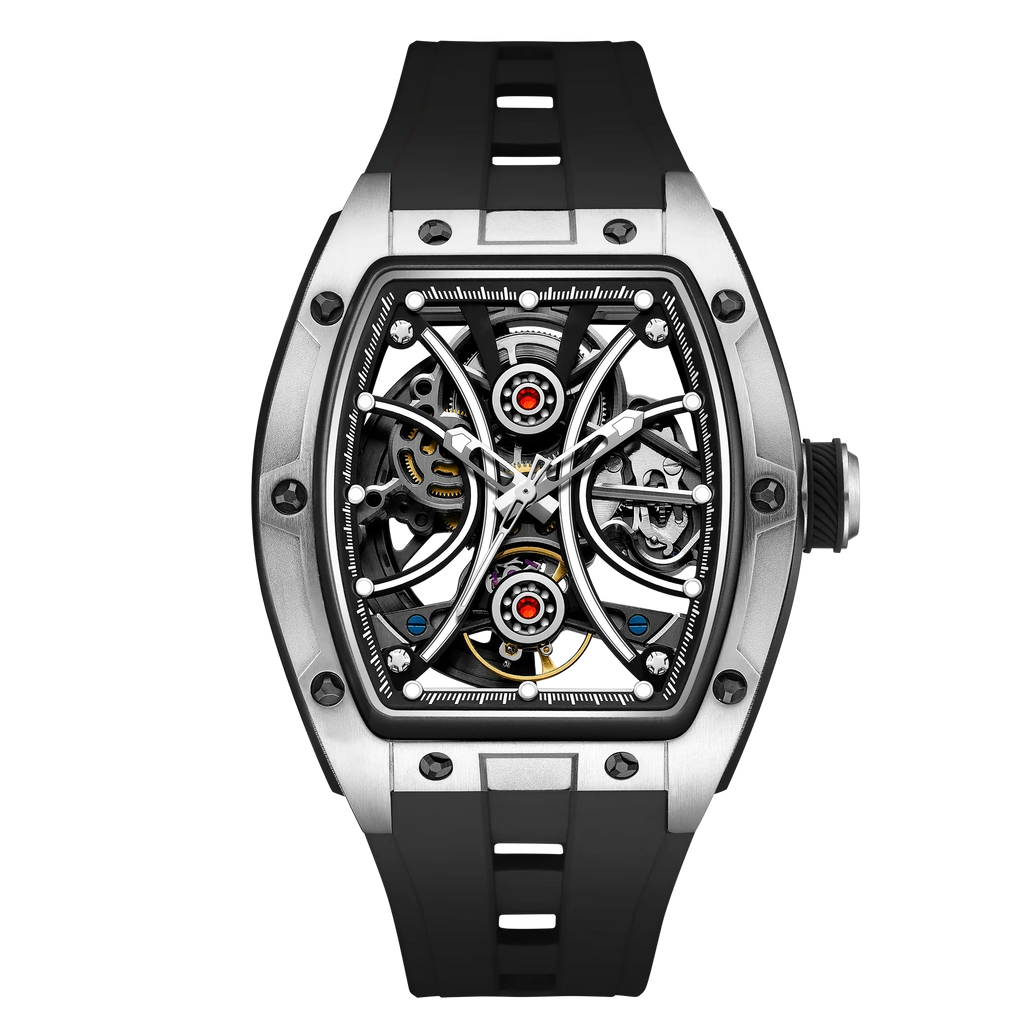 Luxury skeleton sport watch with tonneau case, black rubber strap, and exposed mechanical movement