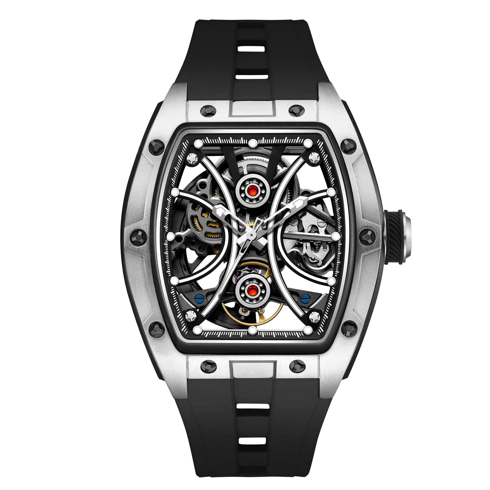 Luxury skeleton sport watch with tonneau case, black rubber strap, and exposed mechanical movement
