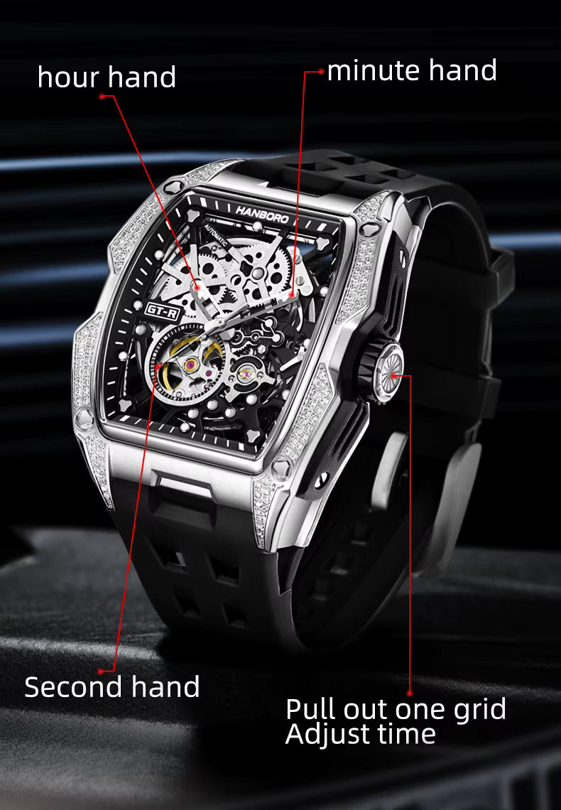 Luxury sport-inspired skeleton watch with labeled hour, minute, and second hands, black strap
