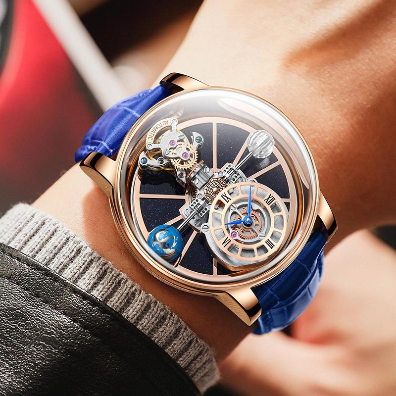 Luxury motorsport-inspired watch with blue leather strap, skeleton dial, rose gold case.