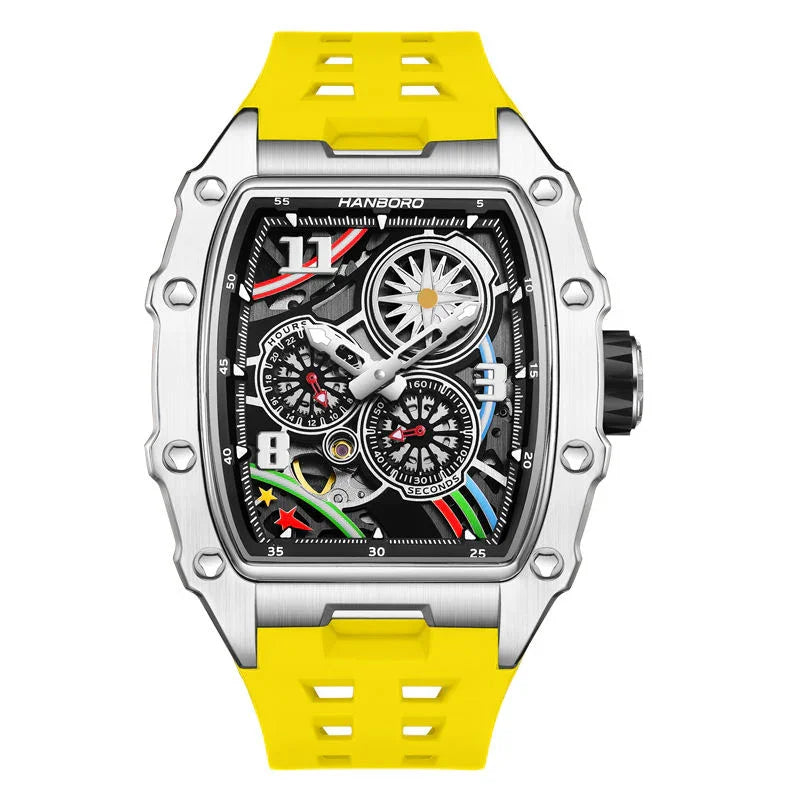 Motorsport-inspired sport-luxury chronograph watch with skeleton dial and yellow strap